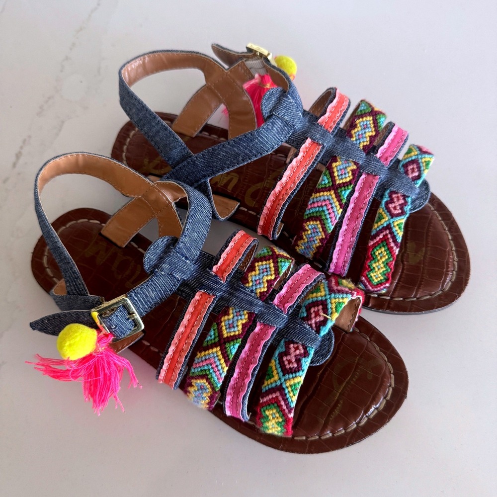 Sam Edelman Gigi Nancy Embroidered Sandals Girls Size 2 Blue Multi Tassel Boho